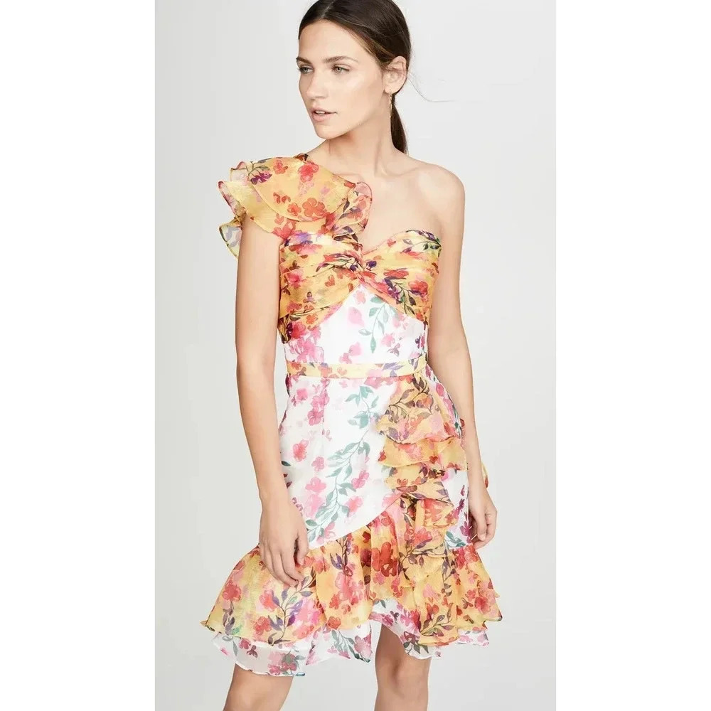 Marchesa Notte Colorblock Floral One-Shoulder Twisted Ruffle Dress Ivory Size 16